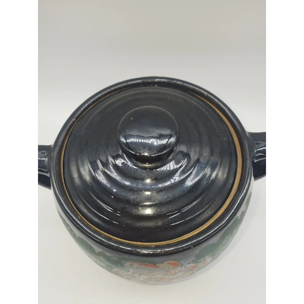 Vintage Hand Painted Ceramic Bean Pot Cookie Jar Black with Grapes and Lid